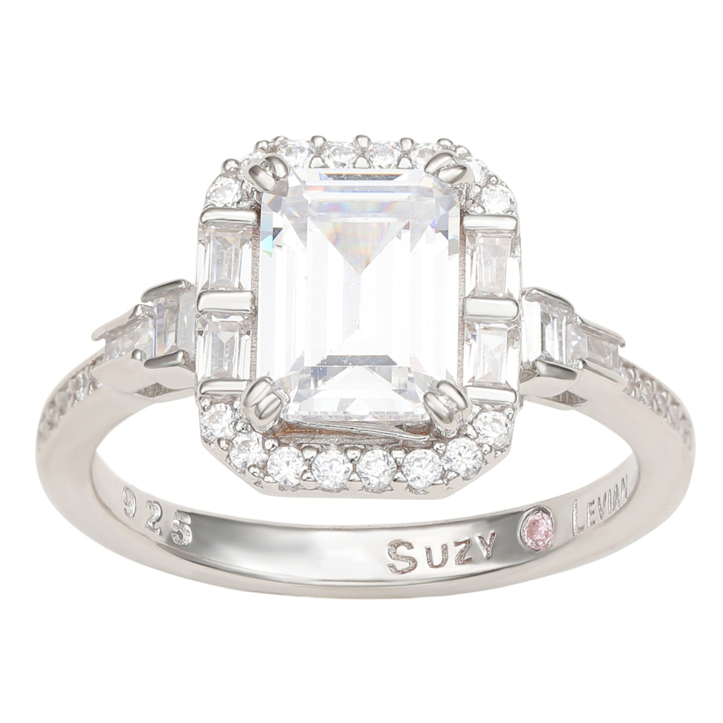 Suzy Levian Sterling Silver Emerald Cut White Cubic Zirconia Engagement Ring