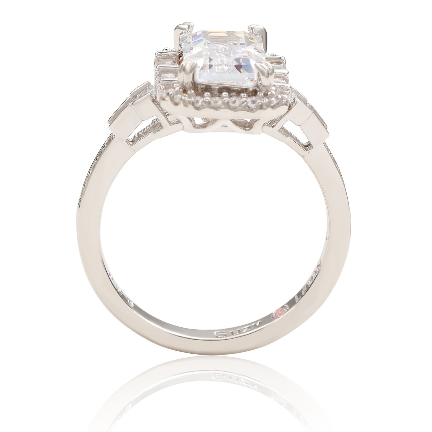 Suzy Levian Sterling Silver Emerald Cut White Cubic Zirconia Engagement Ring