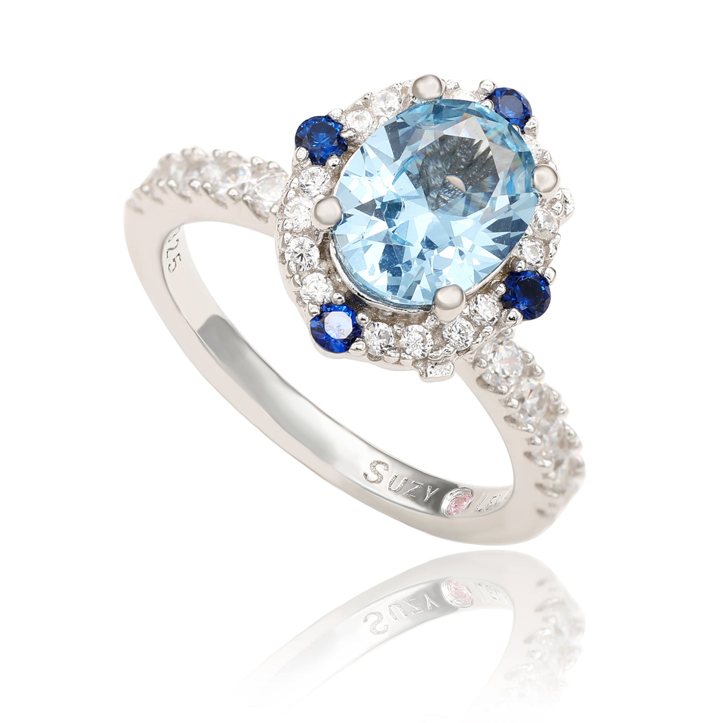 Suzy Levian Sterling Silver Aqua Blue Oval Cubic Zirconia Ring