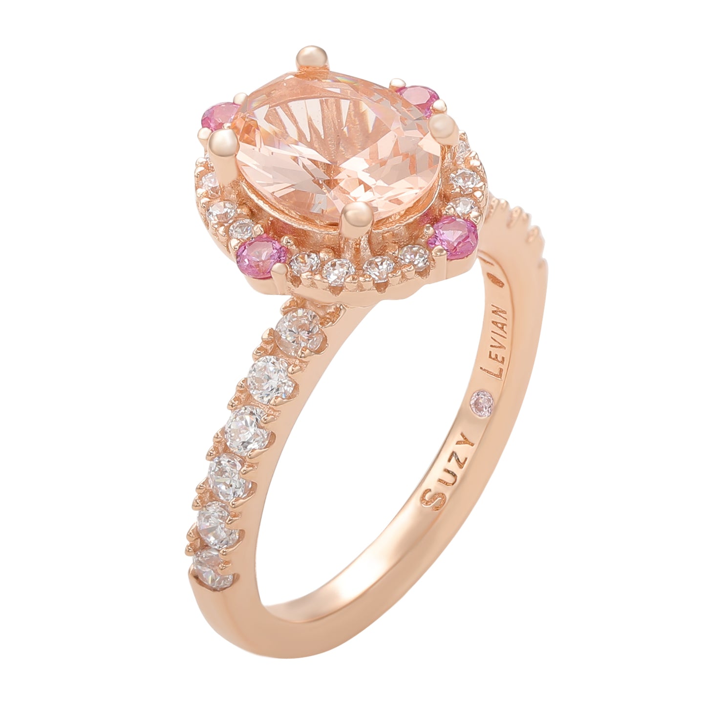 Suzy Levian Sterling Silver Pink Morganite Oval Cubic Zirconia Ring