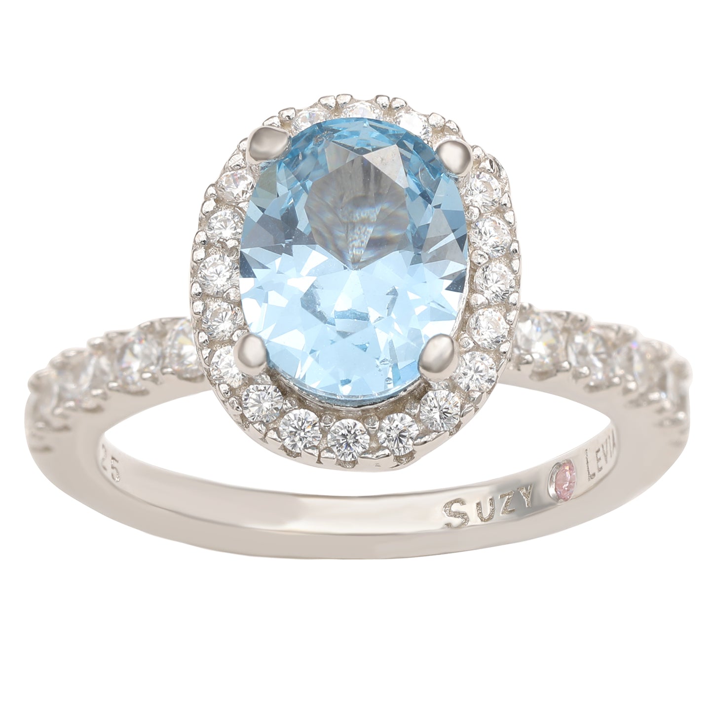Suzy Levian Sterling Silver Oval Aqua Cubic Zirconia Halo Ring