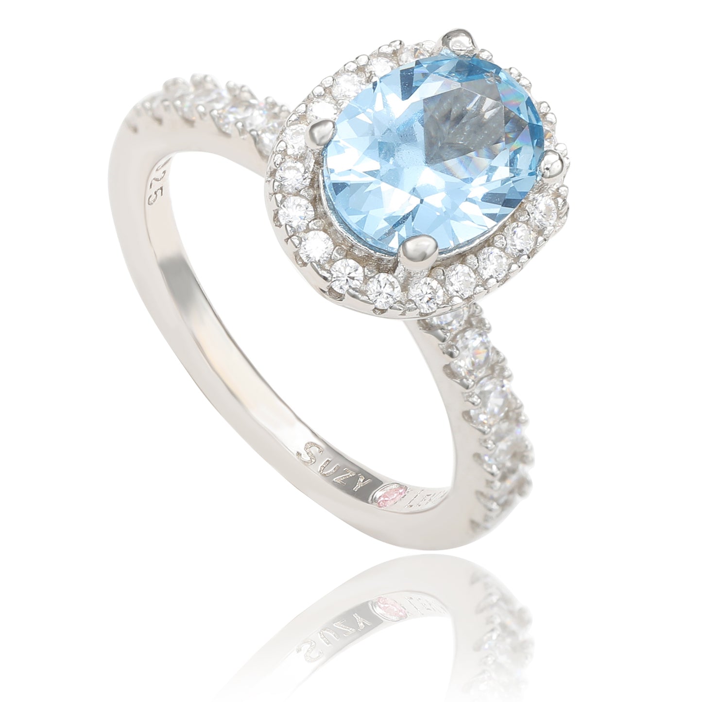 Suzy Levian Sterling Silver Oval Aqua Cubic Zirconia Halo Ring