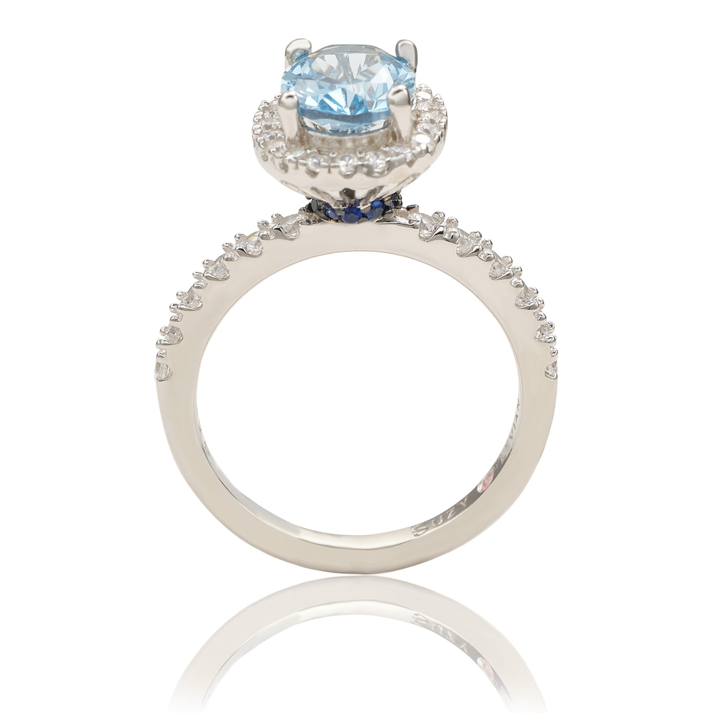 Suzy Levian Sterling Silver Oval Aqua Cubic Zirconia Halo Ring