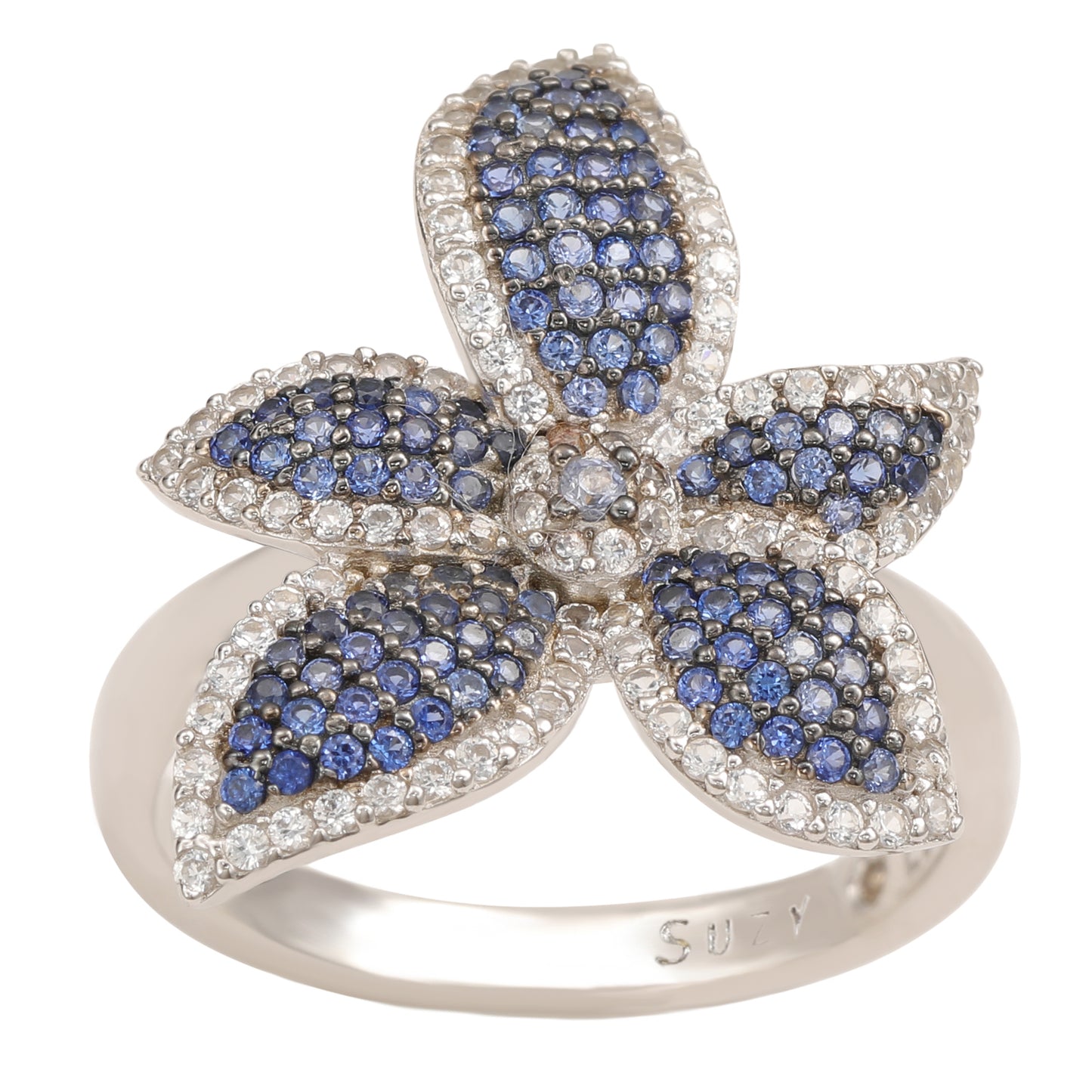 Suzy Levian Sterling Silver Blue Sapphire & White Sapphire Flower Ring