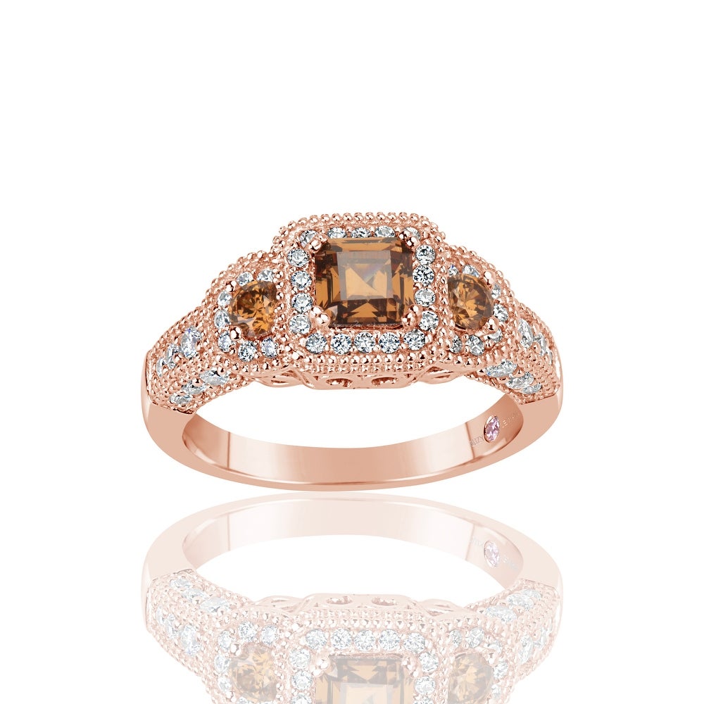 Suzy Levian Rose Sterling Silver Brown Asscher Cut Cubic Zirconia