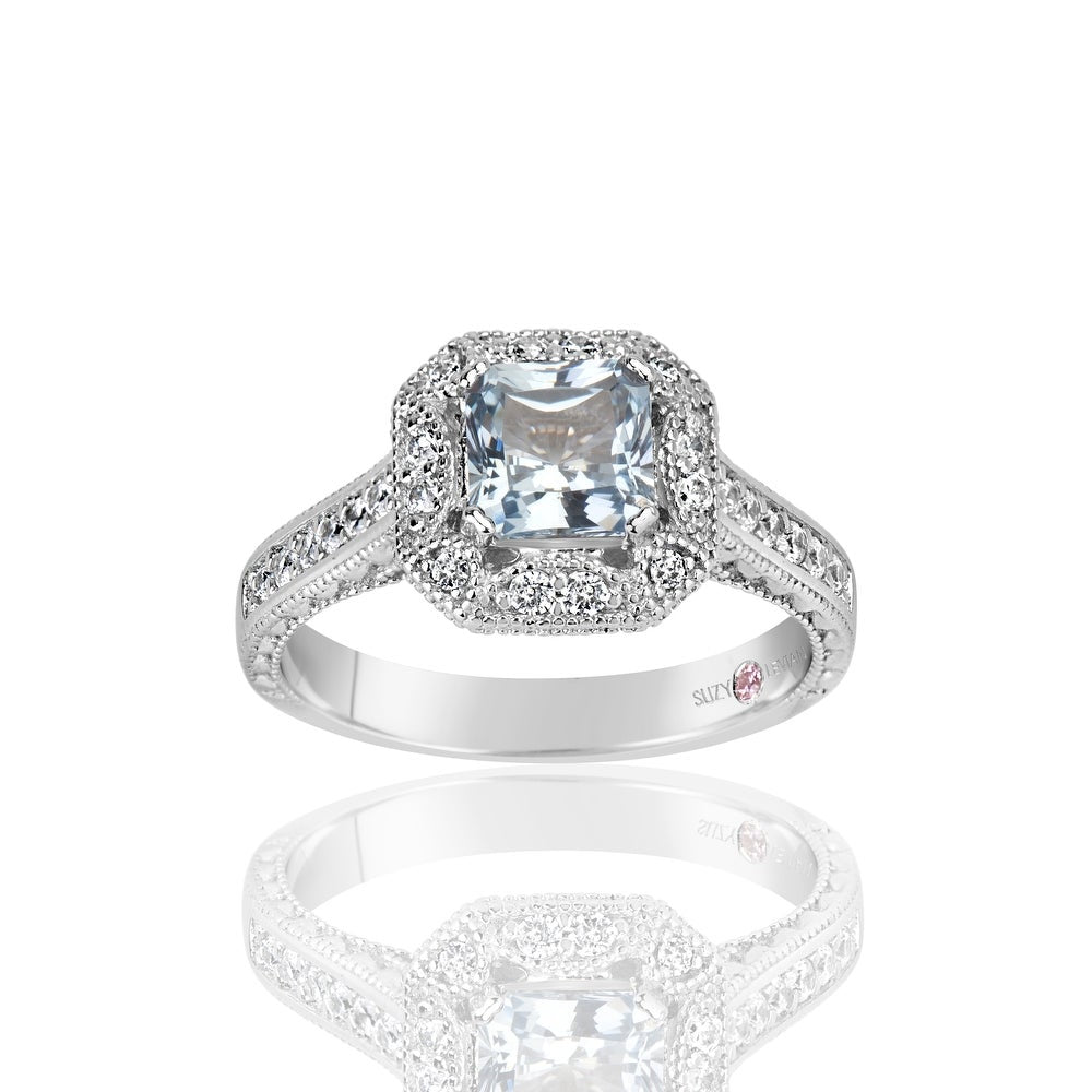 Suzy Levian Sterling Silver Assher Cut Cubic Zirconia Aquamarine Engagement Ring