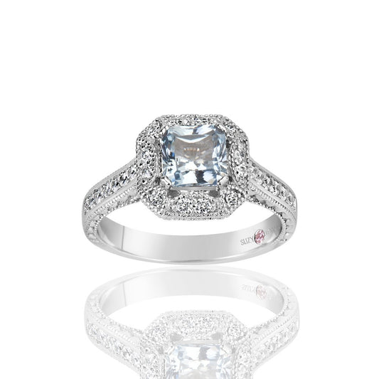 Suzy Levian Sterling Silver Assher Cut Cubic Zirconia Aquamarine Engagement Ring