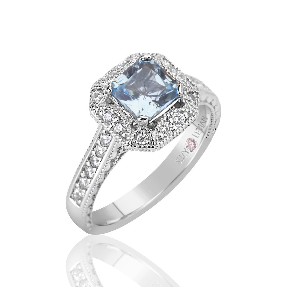 Suzy Levian Sterling Silver Assher Cut Cubic Zirconia Aquamarine Engagement Ring