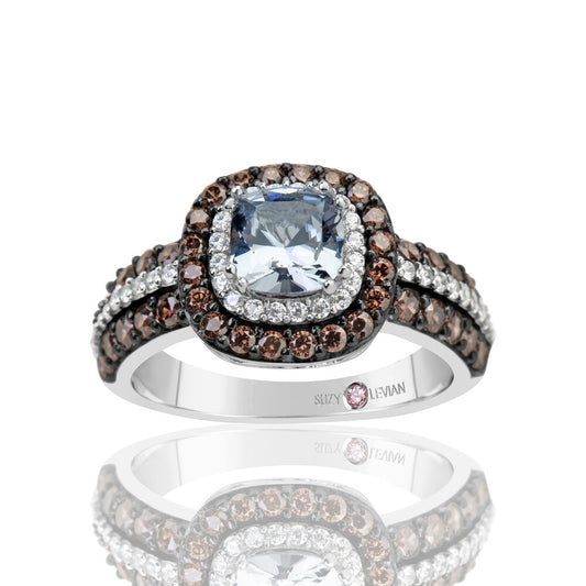 Suzy Levian Sterling Silver Cushion Cut Cubic Zirconia Aquamarine & Brown Cubic Zirconia Engagement Ring