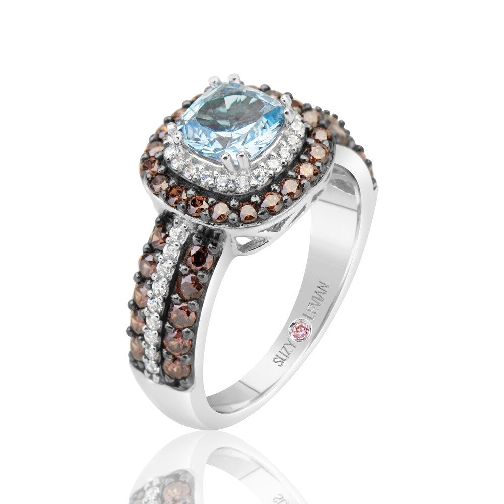 Suzy Levian Sterling Silver Cushion Cut Cubic Zirconia Aquamarine & Brown Cubic Zirconia Engagement Ring
