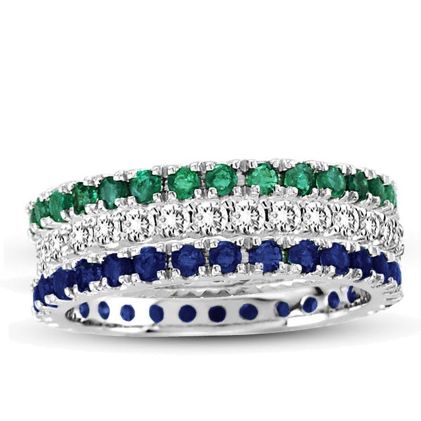 Unique deals Blue Sapphire and Emerald Wedding Ring, Stackable Rings, 14k White Gold Sapphire-Emerald Ring, Anniversary Ring, Half Eternity Band