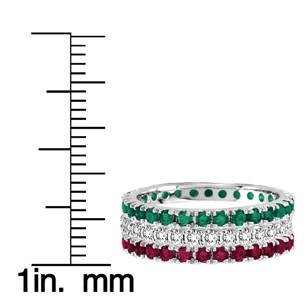 Suzy Levian 14K White Gold Diamond Ruby Emerald 3-piece Eternity Band Ring Set