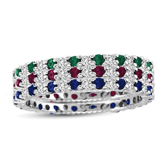 Suzy Levian 14K White Gold Diamond Sapphire Ruby Emerald 3-piece Eternity Band Ring Set