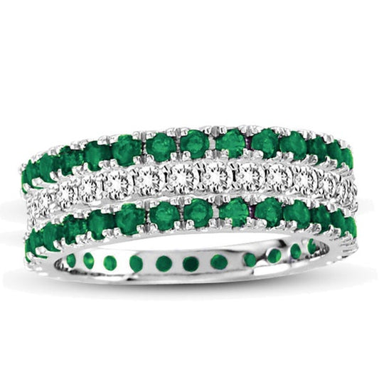 Suzy Levian 14k White Gold Emerald Diamond 3-piece Eternity Band Ring Set