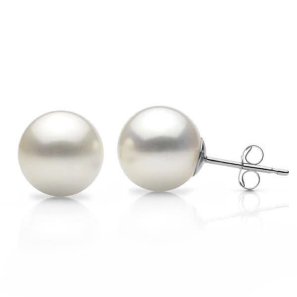 Suzy Levian 14k White Gold Round White Freshwater Pearl Stud Earrings - 8 mm