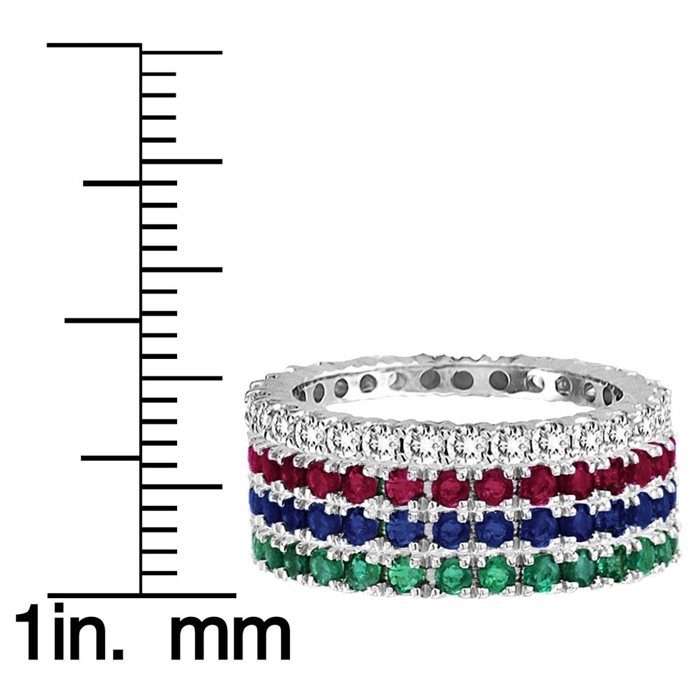 Suzy Levian White Gold Ruby Emerald Diamond Sapphire 4-Piece Eternity Band Ring Set