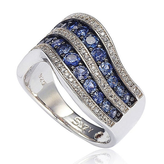 Suzy Levian Sterling Silver/ 18k Gold 2.49TCW Sapphire and Diamond Accent Wavy Ring
