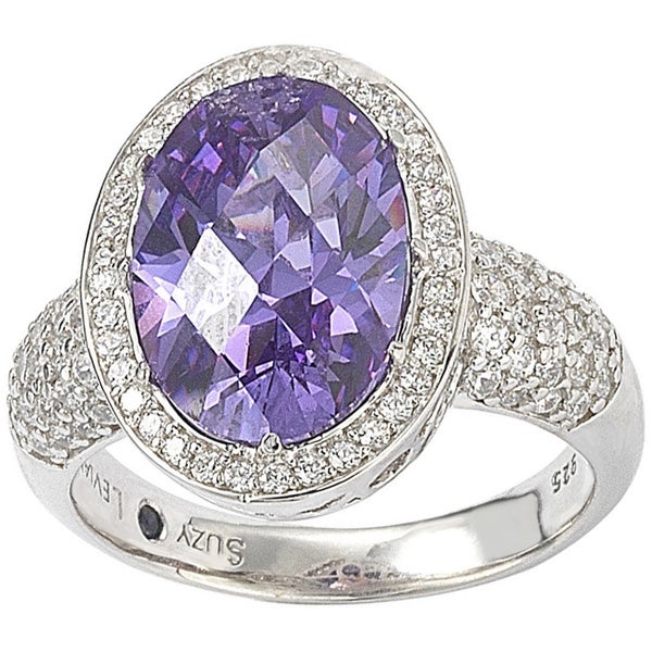 Suzy Levian Sterling Silver Purple Cubic Zirconia Checkered Cut Ring