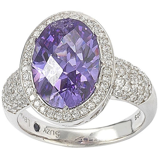 Suzy Levian Sterling Silver Purple Cubic Zirconia Checkered Cut Ring