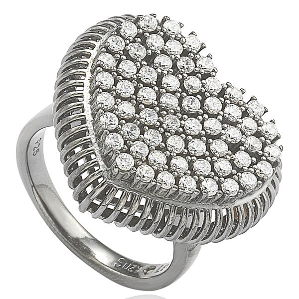 Suzy Levian Blackened Sterling Silver Pave Cubic Zirconia Heart Ring