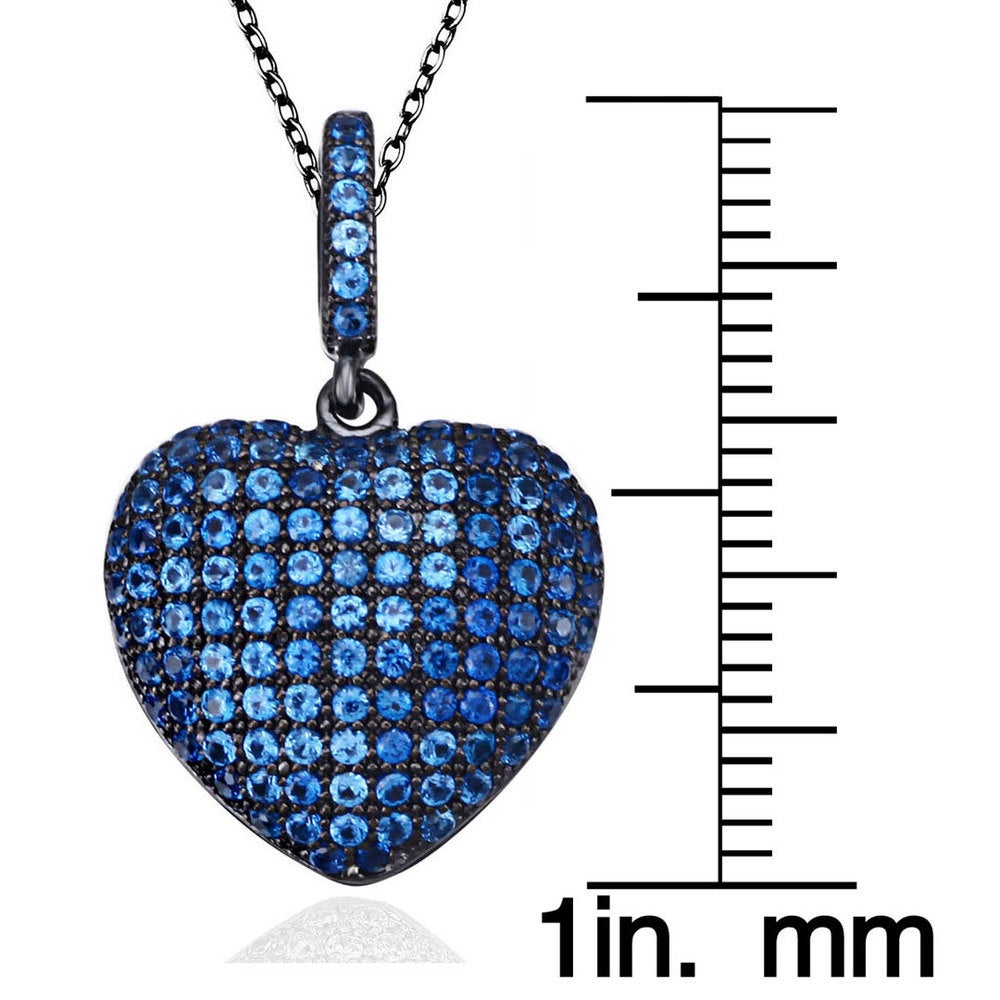 Suzy Levian Blue Cubic Zirconia Blackened Sterling Silver Pave Heart Pendant