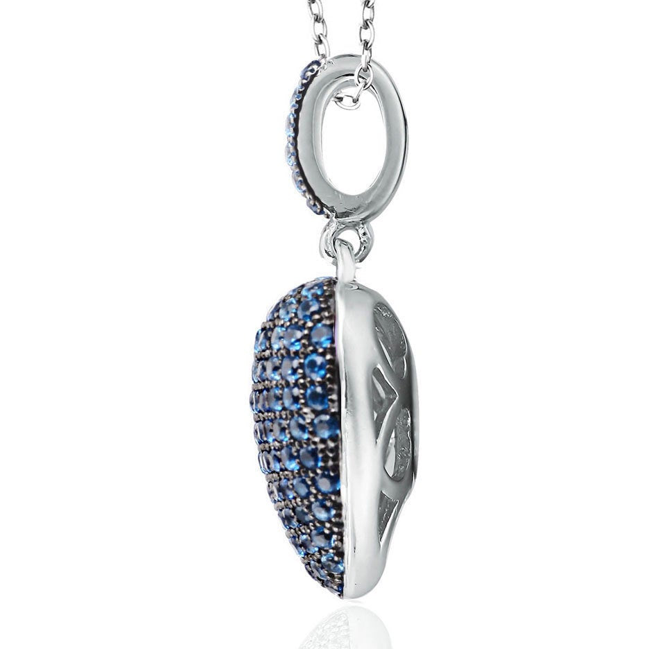 Suzy Levian Blue Cubic Zirconia Blackened Sterling Silver Pave Heart Pendant