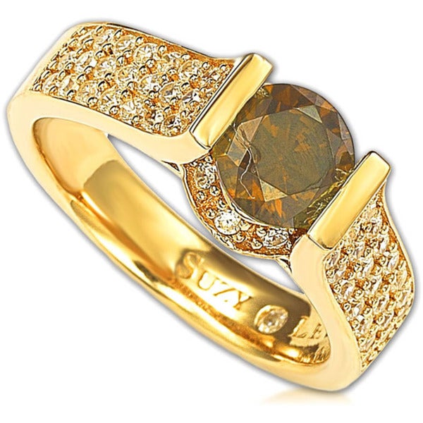 Suzy Levian Bridal 14k Yellow Gold over Silver Brown and White Cubic Zirconia Ring