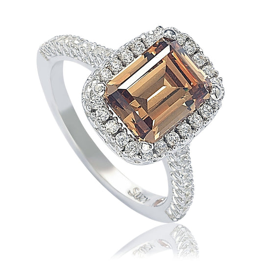 Suzy Levian Bridal Brown Cubic Zirconia with Halo Sterling Silver Ring