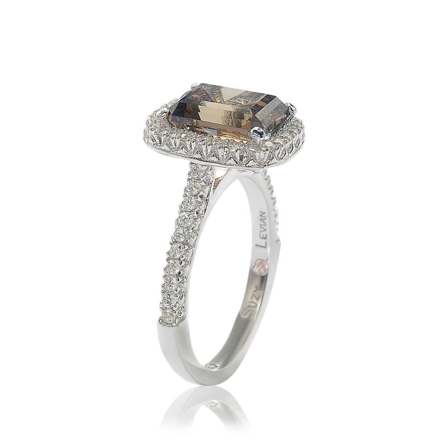 Suzy Levian Bridal Brown Cubic Zirconia with Halo Sterling Silver Ring