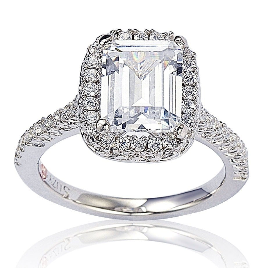 Suzy Levian Bridal Sterling Silver Asscher-cut White Cubic Zirconia Halo Engagement Ring