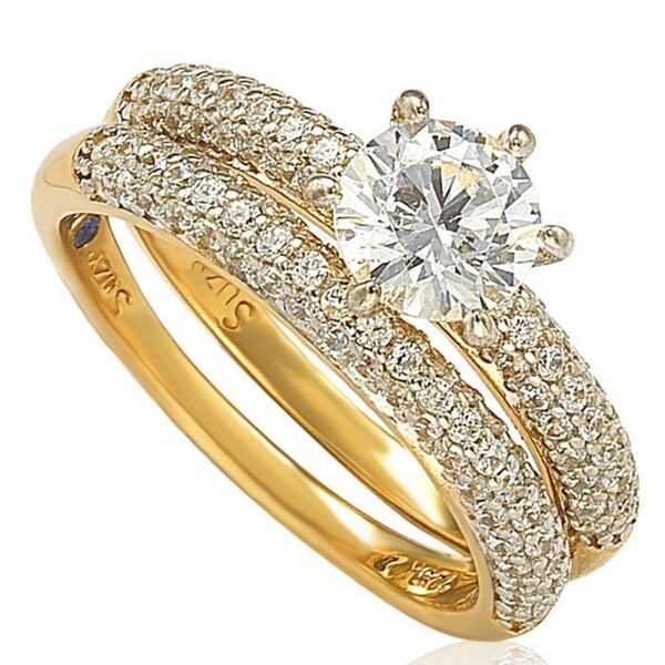 Suzy Levian Bridal Sterling Silver Cubic Zirconia Engagement Ring Band Set