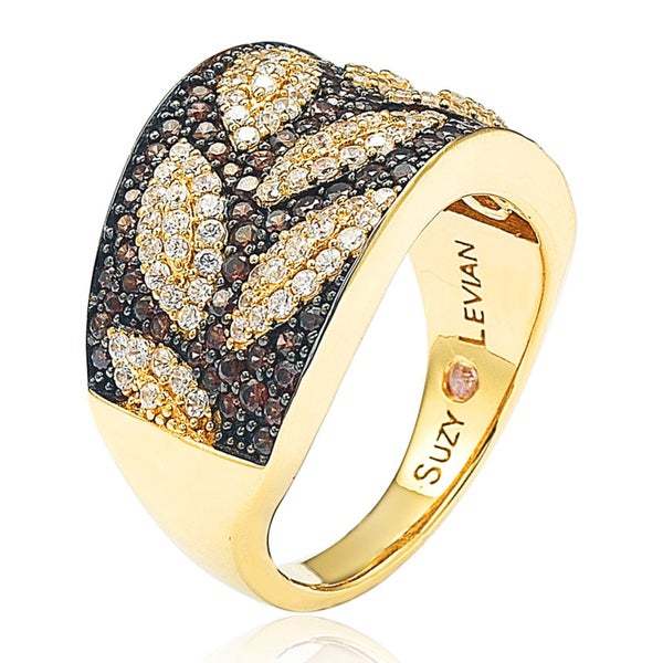 Suzy Levian Brown and White Cubic Zirconia Sterling Silver Leaf Ring