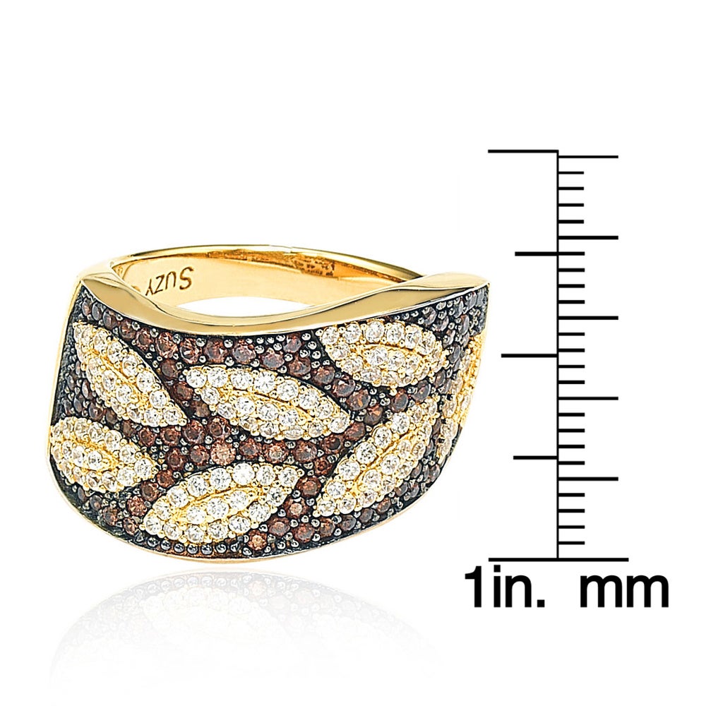 Suzy Levian Brown and White Cubic Zirconia Sterling Silver Leaf Ring