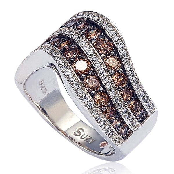 Suzy Levian Brown and White Cubic Zirconia Sterling Silver Ring