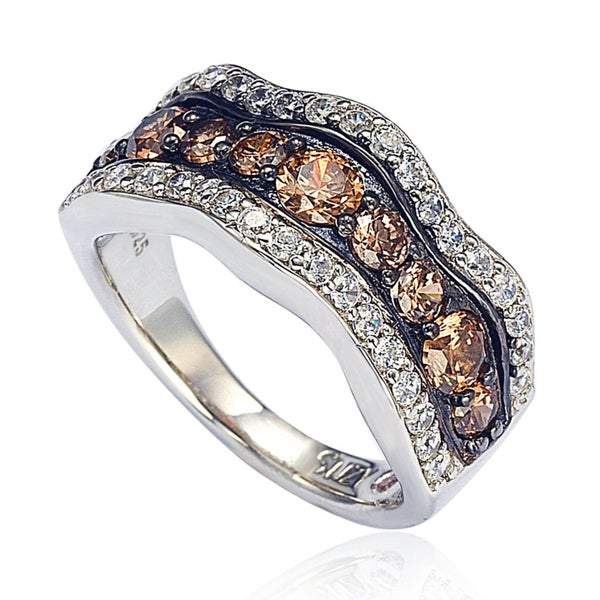 Suzy Levian Brown and White Cubic Zirconia Sterling Silver Wavy Ring