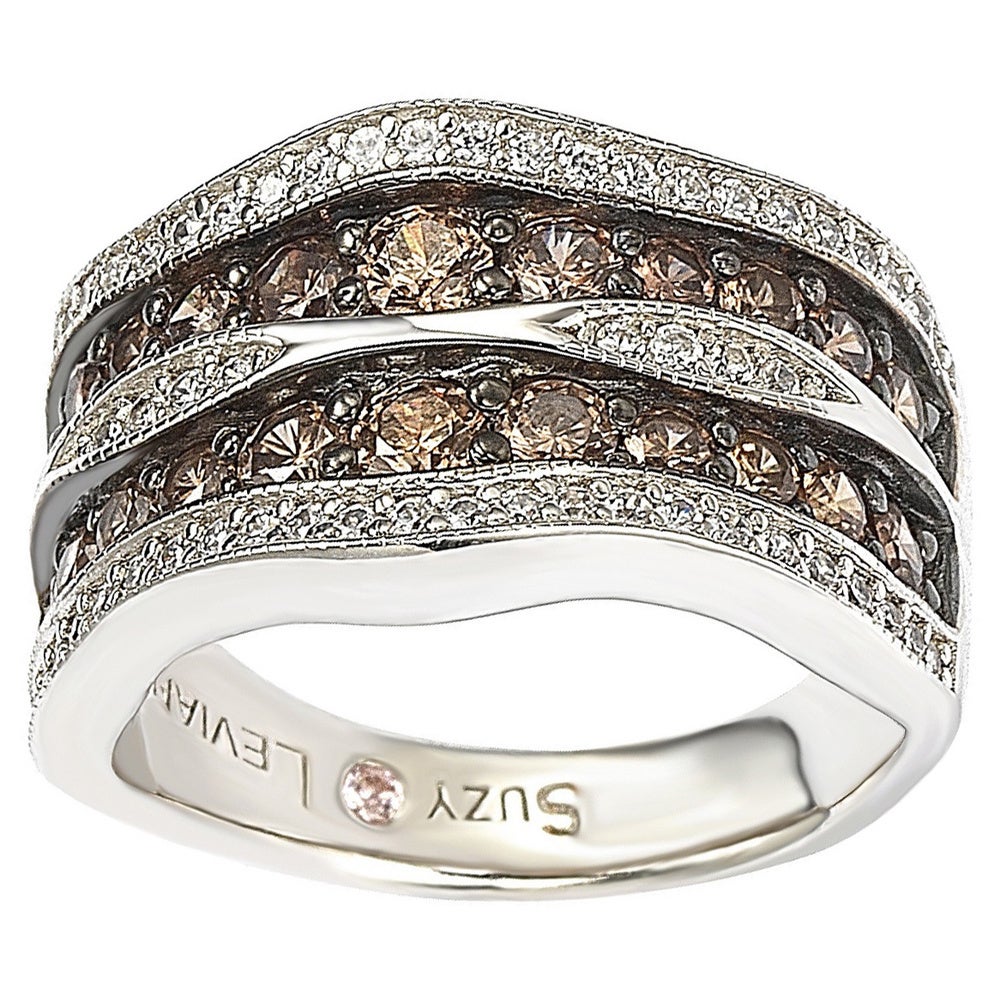 Suzy Levian Brown and White Cubic Zirconia Sterling Silver Wavy Ring