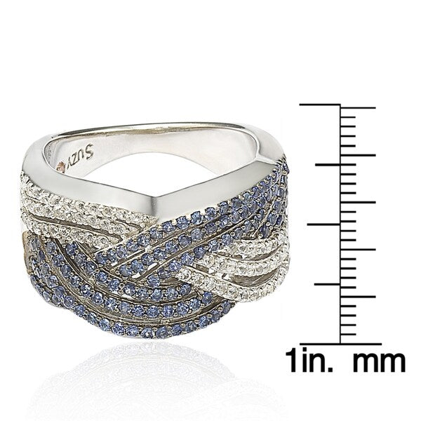Suzy Levian Crossover Blue and White Sapphire Sterling Silver Ring
