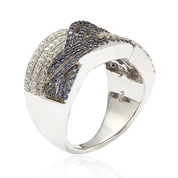 Suzy Levian Crossover Blue and White Sapphire Sterling Silver Ring