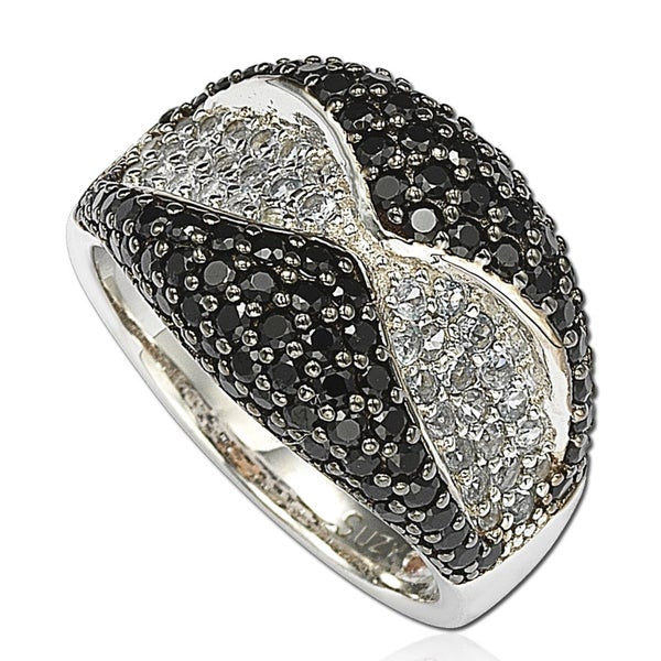 Suzy Levian Cubic Zirconia Sterling Silver Black and White Wavy Ring