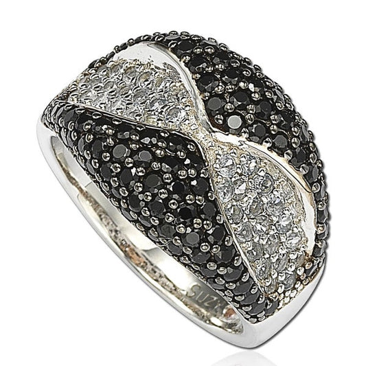 Suzy Levian Cubic Zirconia Sterling Silver Black and White Wavy Ring