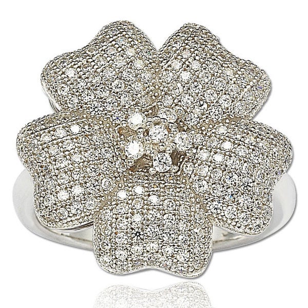 Suzy Levian Cubic Zirconia Sterling Silver Flower Pave Ring