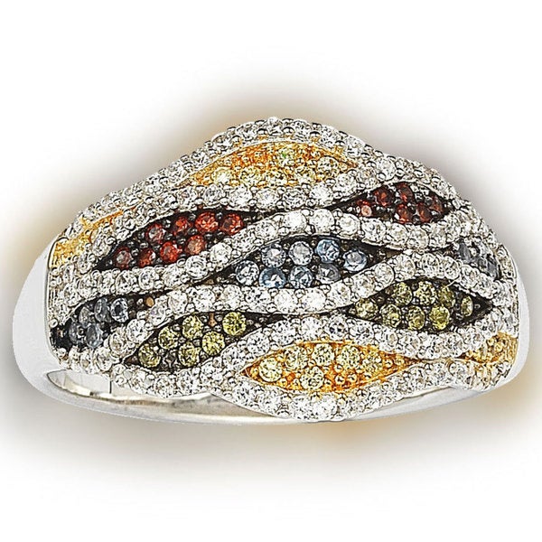 Suzy Levian Cubic Zirconia Sterling Silver Multi-Color Wave Ring