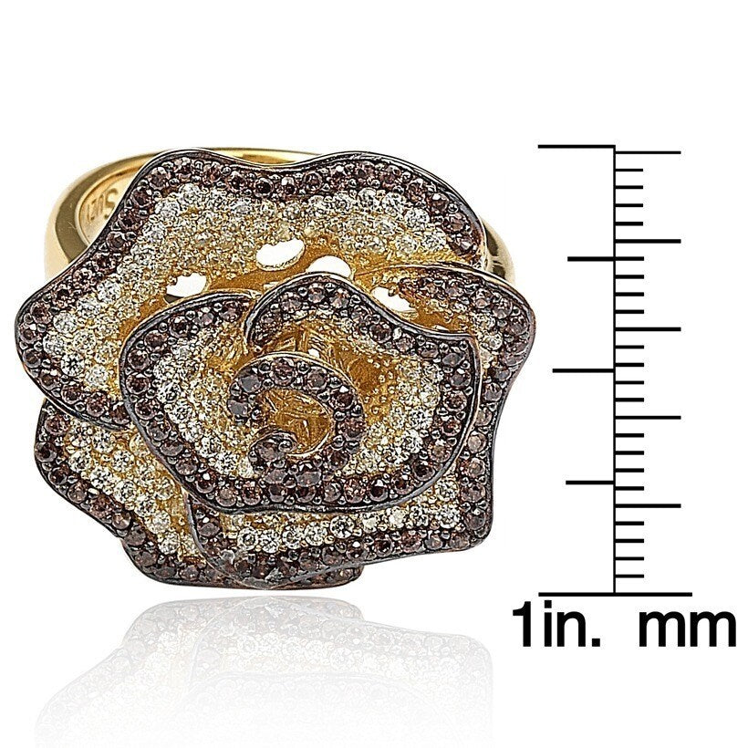 Suzy Levian Golden Sterling Silver Brown and White Cubic Zirconia Pave Flower Ring