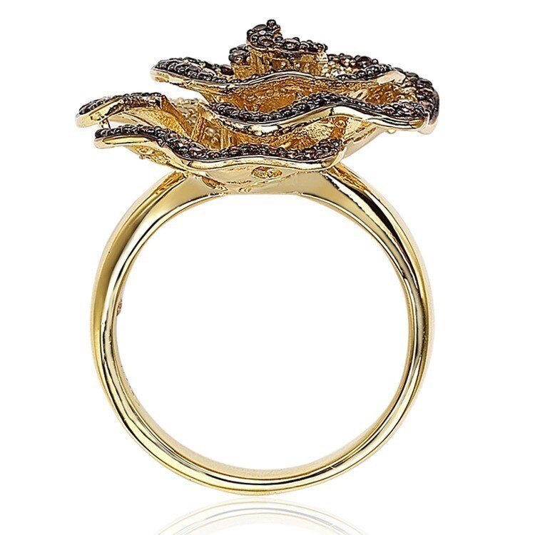 Suzy Levian Golden Sterling Silver Brown and White Cubic Zirconia Pave Flower Ring