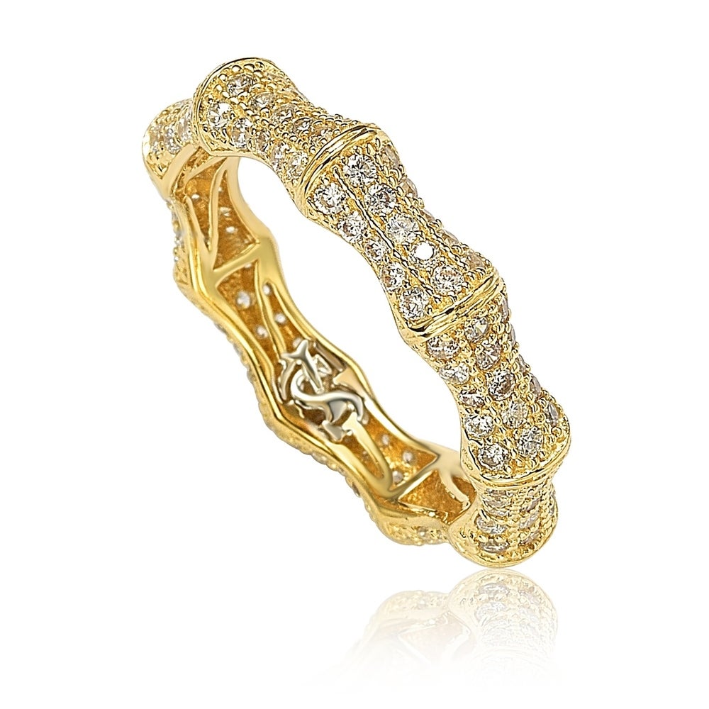 Suzy Levian Golden Sterling Silver Cubic Zirconia Bamboo Eternity Band