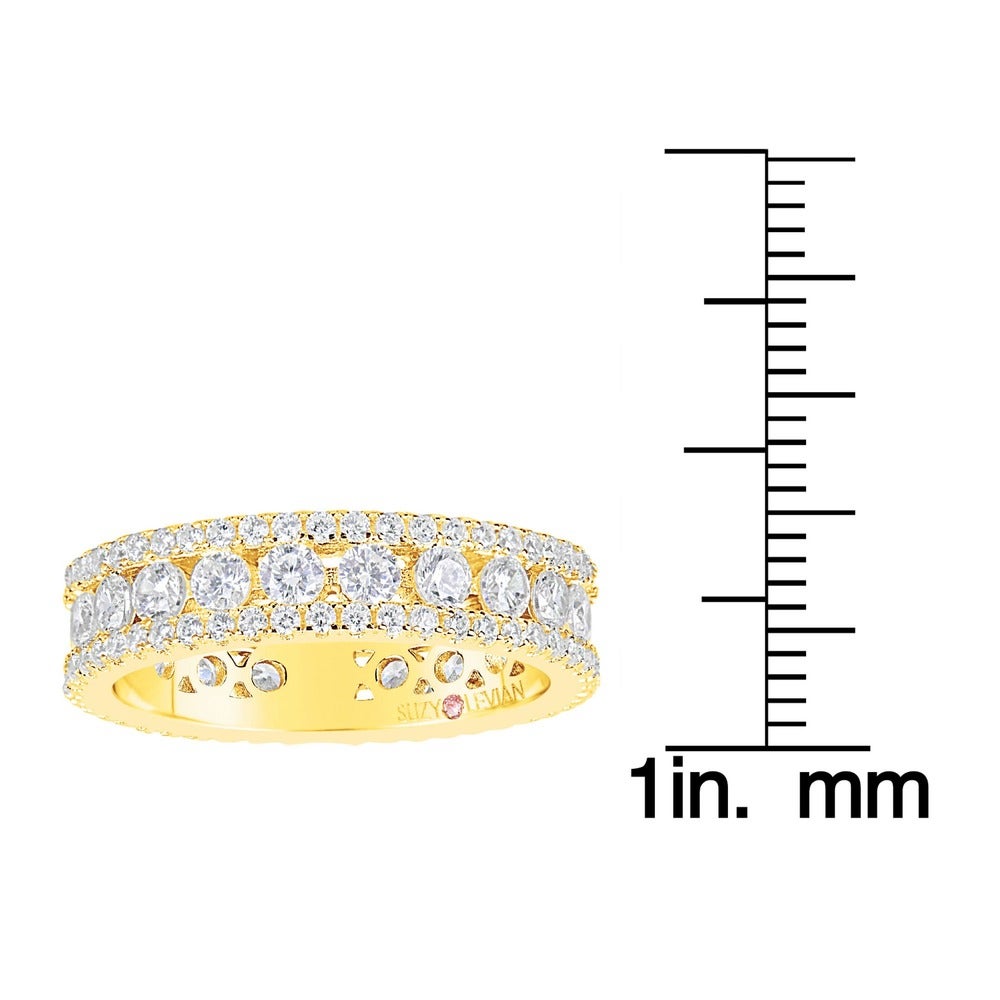 Suzy Levian Golden Sterling Silver Cubic Zirconia White Three Row Modern Eternity Band