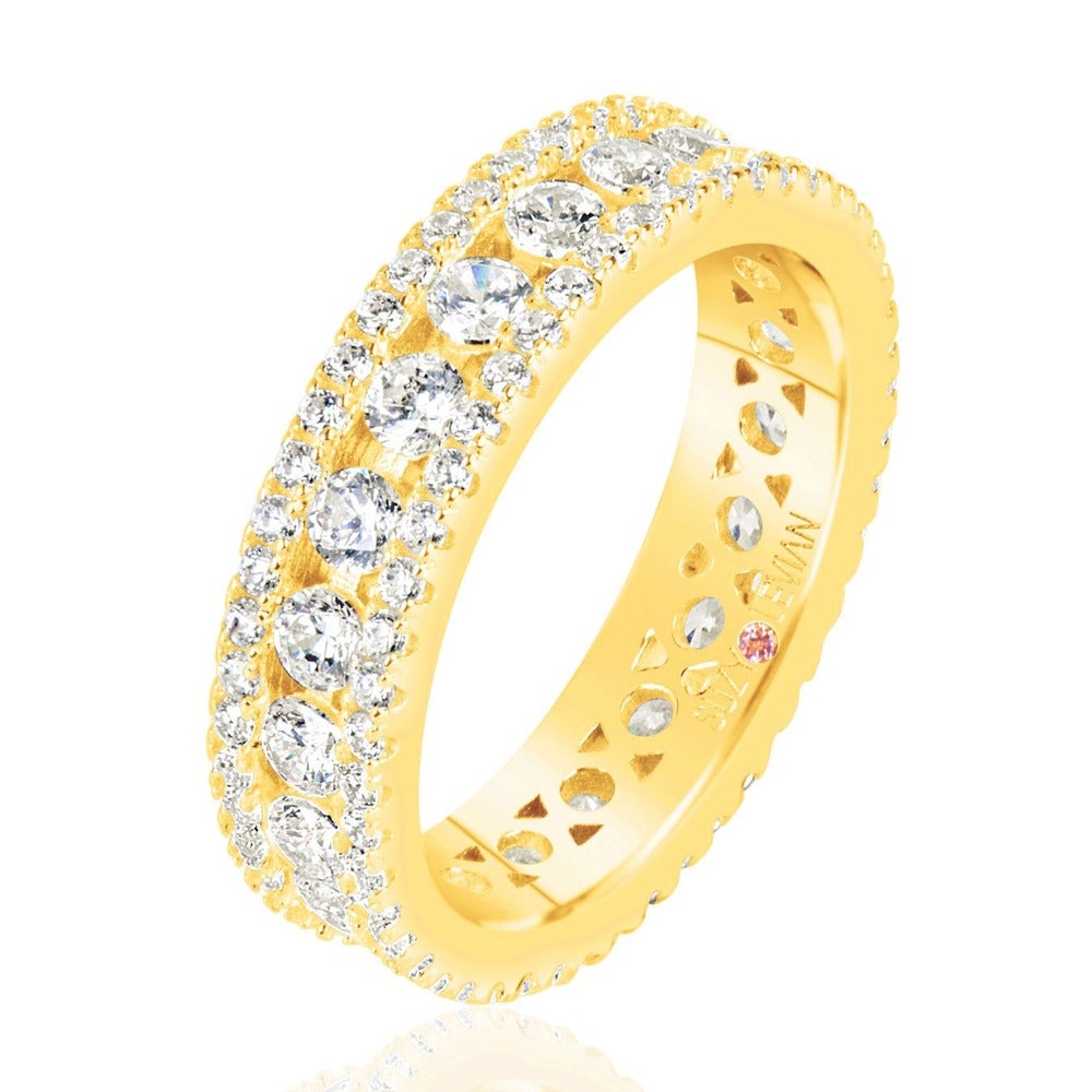 Suzy Levian Golden Sterling Silver Cubic Zirconia White Three Row Modern Eternity Band
