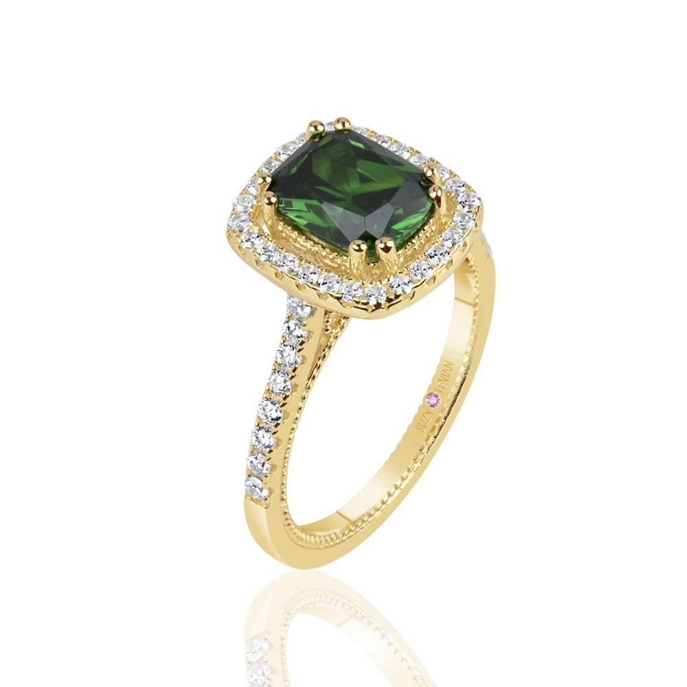 Suzy Levian Golden Sterling Silver Elongated Cushion Cut Green Cubic Zirconia Solitaire Engagement Ring