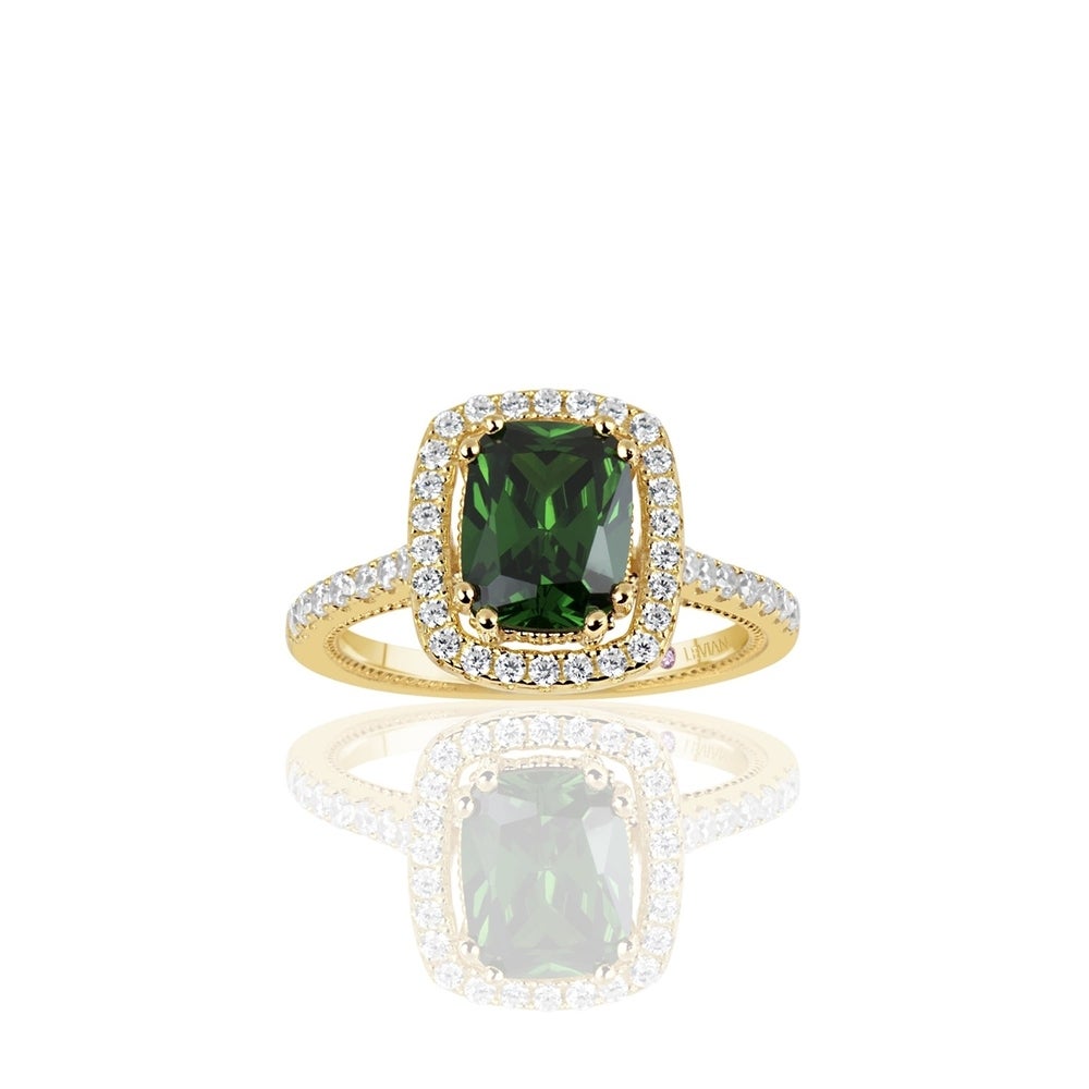 Suzy Levian Golden Sterling Silver Elongated Cushion Cut Green Cubic Zirconia Solitaire Engagement Ring