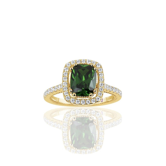 Suzy Levian Golden Sterling Silver Elongated Cushion Cut Green Cubic Zirconia Solitaire Engagement Ring